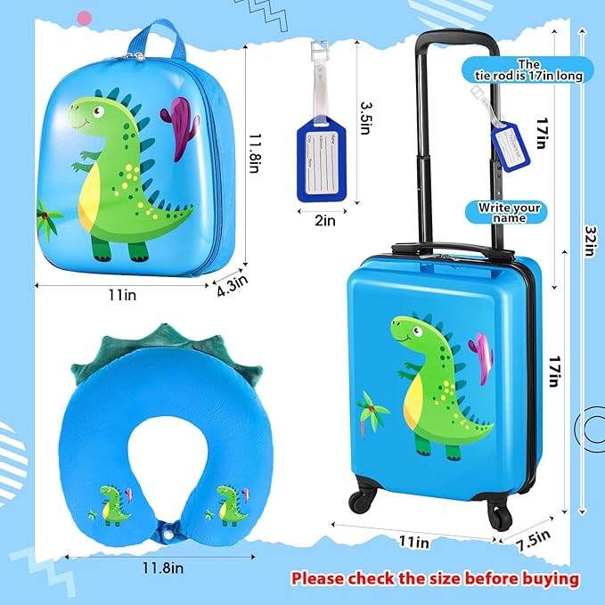Sanwuta 4 Pcs Kids Luggage Set Backpack Travel Rolling Suitcase U-shape Pillow Christmas Children Gift for Girls Boys(17 Inch,Dinosaur Style,Blue)