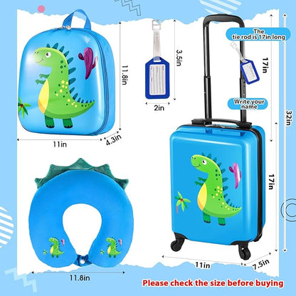Sanwuta 4 Pcs Kids Luggage Set Backpack Travel Rolling Suitcase U-shape Pillow Christmas Children Gift for Girls Boys(17 Inch,Dinosaur Style,Blue)
