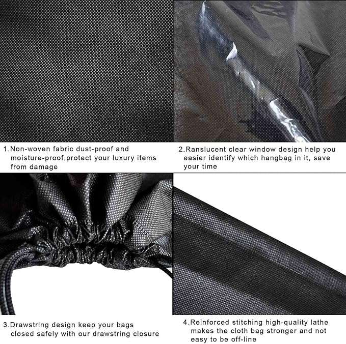 8PCS Dust Bags for Handbags Jumbo Travel Shoe Bags Purses Organizers Storage Bags with Rope Clear Window Dustproof Drawstring Bag Storage Pouch for Men and Women - Black, 19.7 x 15.7 in