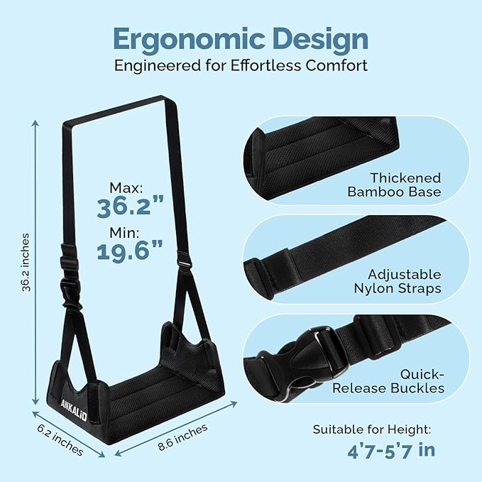 1 Pack No-Collapse Airplane Foot Hammock–Adjustable Foot Hammock for Plane Travel with Thick Bamboo Base, Lightweight Travel Footrest for Office, Flights(Black)