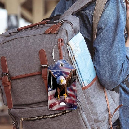 Funny PU Leather Luggage Tags 2-Pack Flying Eagle American Flag Lightning Cute Pattern Suitable for Suitcase Stainless Steel Loop and Address Card Essential for Cruise and Airport Travel
