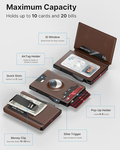 typecase AirTag Wallet for Men: Pop Up Card Case, Secure Holder for Apple Air Tag, Premium Leather, Smart, RFID Blocking, Slim, Minimalist, Thin, 13 Cards Capacitiy | ID Window | Money Clip (Brown)