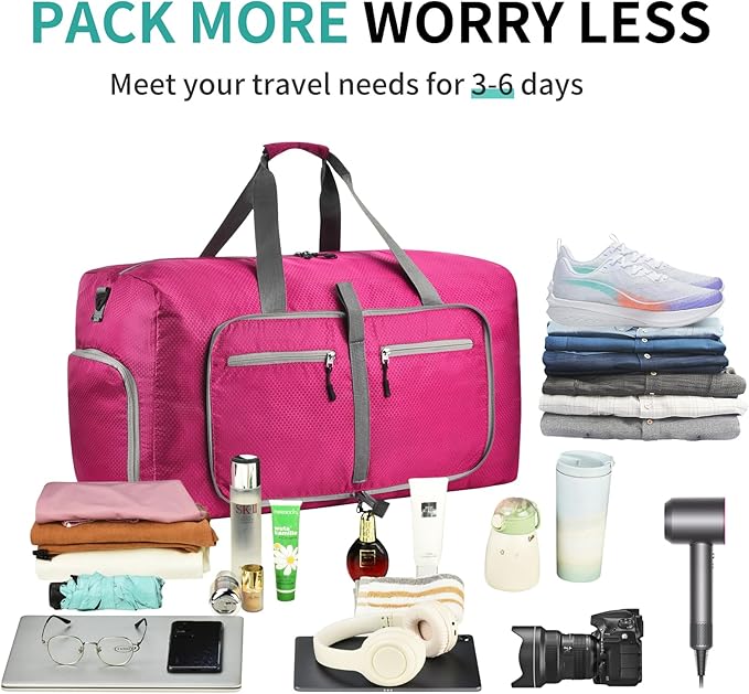 Dimayar Travel Duffle Bag for Men Women - Foldable Duffel Bag with Shoes Compartment - Overnight Bags Waterproof & Tear Resistant(115L,Fuchsine)