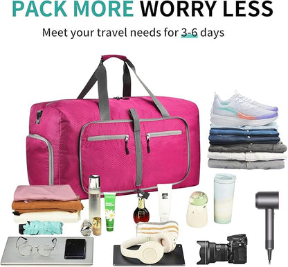 Dimayar Travel Duffle Bag for Men Women - Foldable Duffel Bag with Shoes Compartment - Overnight Bags Waterproof & Tear Resistant(115L,Fuchsine)