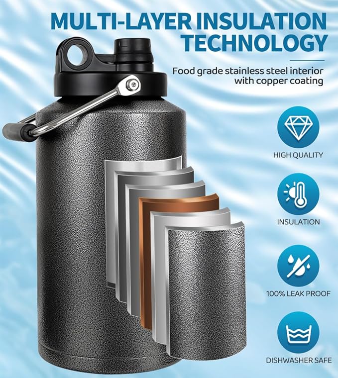 Insulated Water Bottle, 1 Gallon Jug with Handle, 128 oz Stainless Steel Large Water Bottle Wide Mouth Double Vacuum for Hot & Cold Drinks, Textured Black