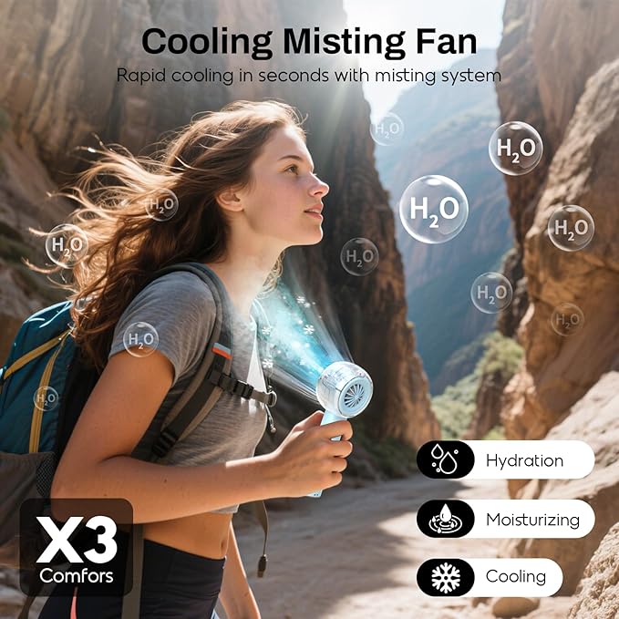 Misting Portable Handheld Fan, Powerful Turbo Motor, 6000mAh Rechargeable Battery, Personal Mini Fans with 4 Strong Wind, Cooling Gadgets for Travel, Camping, Beach, Outdoor, Gifts for Women Men-Blue