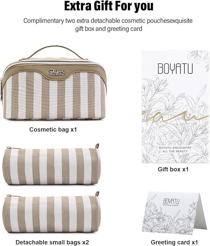 BOYATU Travel Makeup Bag for Women: Large Cosmetic Bag Set of 3 - PU Leather Make up Bag with Compartments - Compact Waterproof Toiletry Bag with Divider & Handle (B-7-Apricot)