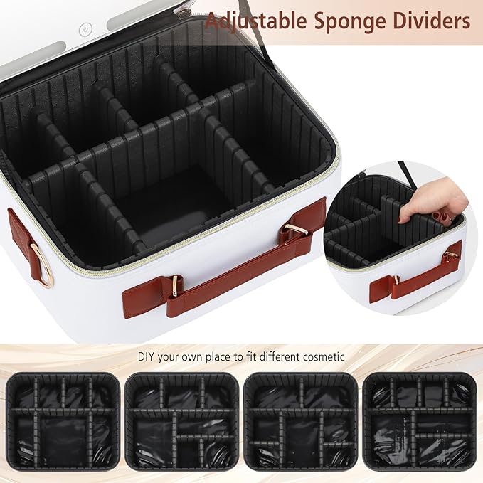 Travel Makeup Bag with Led Mirror Make up Case with Lighted Mirror Cosmetic Organizer bag with Adjustable Dividers and 5X Magnifying Mirror Makeup Box Vanity Case for Women