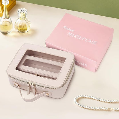 Pinkmik Clear Makeup Bag with Brush Bag 2pcs Waterproof Travel Case for Cosmetics and Toiletries Women's Cosmetic Organizer with Zipper (Beige, L+SLIM)