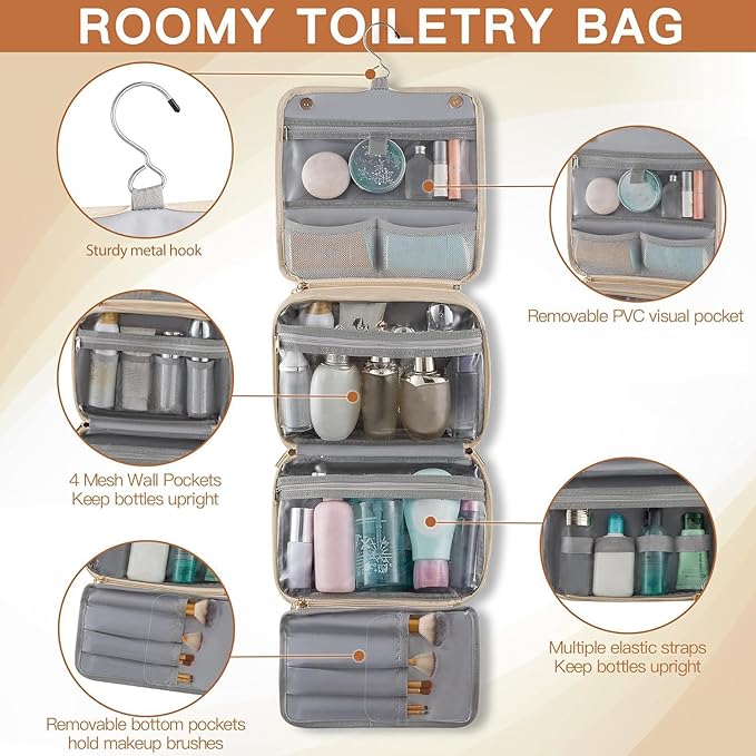 Elviros Hanging Travel Toiletry Bag for Women,3-in-1 Large Makeup Bag and Cosmetic Organizer,Vegan Leather Waterproof Skincare Case for Travel Size Toiletries and Accessories,Gift for Women