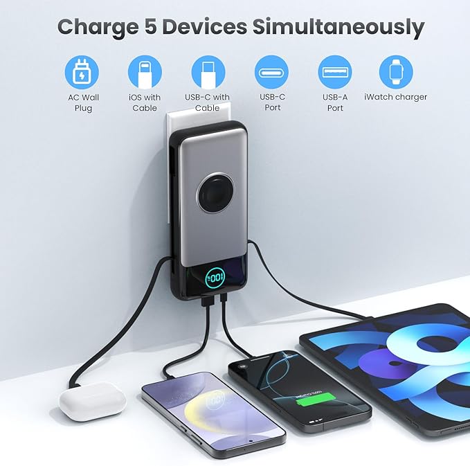 Portable Charger for iPhone with Built-in Cables and AC Wall Plug,Upgraded 26800mah Fast Charging USB C Power Bank,25W PD Travel Essential Battery Pack for iPhone 17/16/15/14/13,Galaxy,Apple Watch