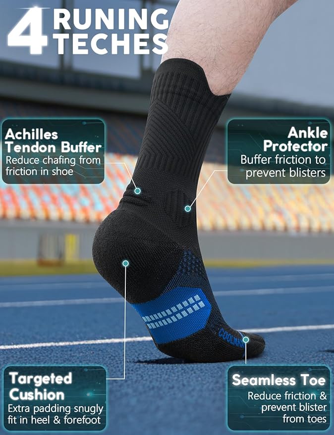 Mens Bamboo Viscose Crew Compression Running Socks Athletic Hiking Cushioned Wicking Anti-Blister Seamless