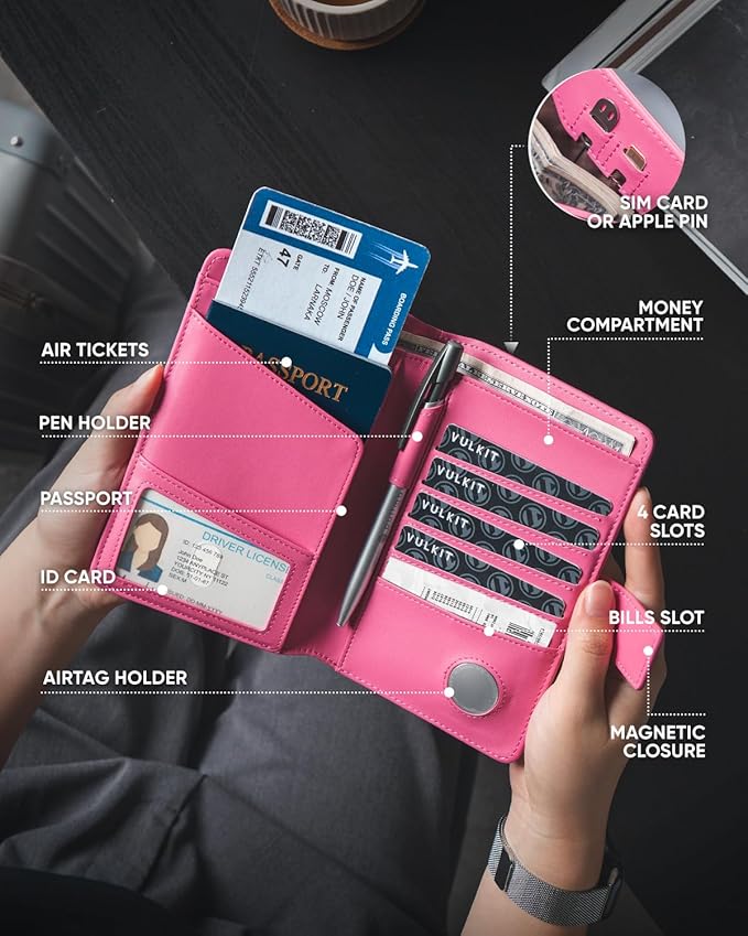VULKIT Passport Holder with Airtag Holder RFID Blocking Passport Wallet Travel Leather Passport for Women(Rose)