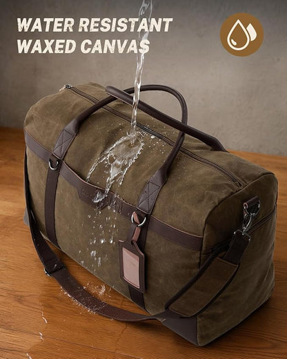 Gonex Waxed Canvas Duffle Bag for Travel, Water-resistant Vintage 55L Duffel Weekender with Shoes Compartment & Luggage Tag, Heavy-duty Overnight Bag with Suitcase Handle Sleeve for Men, Dark Brown