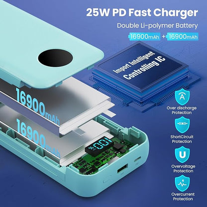 Portable Charger 33800mAh USB C Power Bank with Built-in Cables & AC Wall Plug,25W Fast Charging+QC 4.0 Phone Charger,4 Output Travel Essentials Battery Pack for iPhone16/15/14/13,Samsung,Android etc