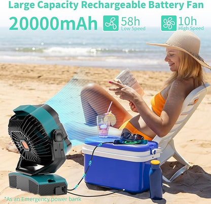 Camping Fan Portable 20000mAh Oscillating Battery Powered Fan Rechargeable Camping essentials Tent Light Hook 270° Pivot Battery Operated USB Desk X68 Cyan