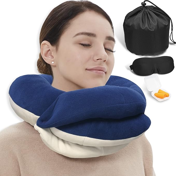 BUYUE Travel Neck Pillows for Airplanes, 360° Head Support Sleep for Long Flight, Skin-Friendly & Breathable, Kit with 3D Contoured Eye Mask, Earplugs and Storage Bag (Adult, Navy Blue, 90+ lbs)