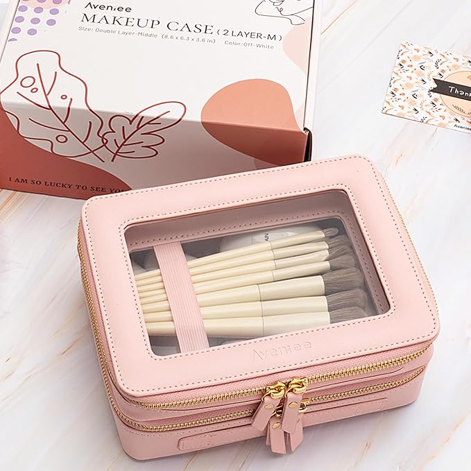 Aveniee XL Clear Makeup Organizer,Double Layer Travel Cosmetic Case with Brush Holder & Zippered Compartments,Big Toiletry Bag for Travel Accessories,2 Layers Large,Pink