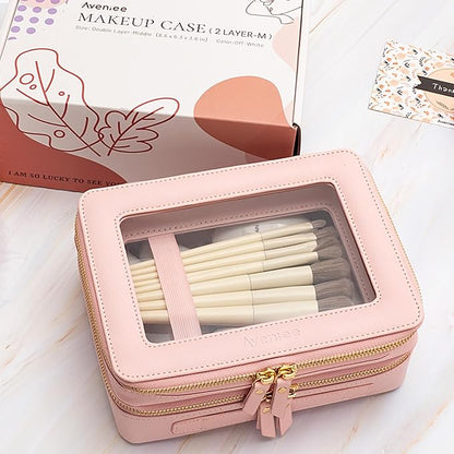 Aveniee XL Clear Makeup Organizer,Double Layer Travel Cosmetic Case with Brush Holder & Zippered Compartments, Large Toiletry Bag Train Case for Women.2 Layers, Pink