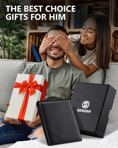 Mens Genuine Leather Bifold RFID Blocking Wallet with 14 Card Slots, ID Window & 2 Cash Pocket - Includes Gift Box (Modern Black)