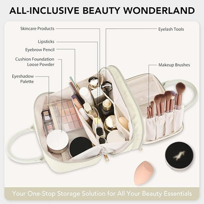 Travel Makeup Bag for Women Fashion Large Capacity Pouch Open Flat Cosmetic Portable Organizer Waterproof Large Opening Storage Toiletry Bags Vertical Free-Standing Brush Holder for Easy Access Beige