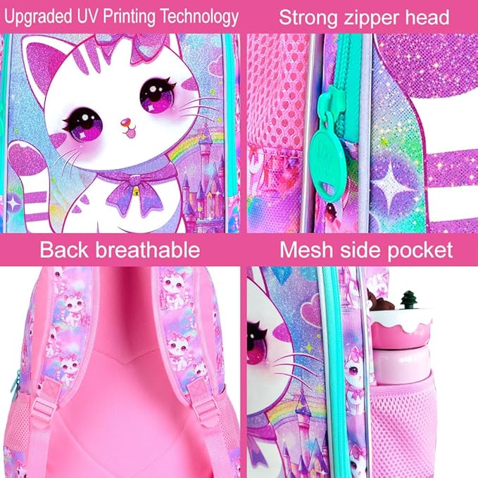 WZLVO 3PCS Cat Backpack for Girls, 16'' Kids Preschool Bookbag with Lunch Box, Cute Animal Water Resistant School Bag for Elementary Kindergarten Toddler