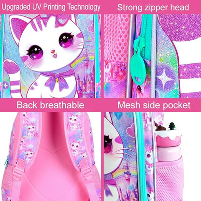WZLVO 3PCS Cat Backpack for Girls, 16'' Kids Preschool Bookbag with Lunch Box, Cute Animal Water Resistant School Bag for Elementary Kindergarten Toddler