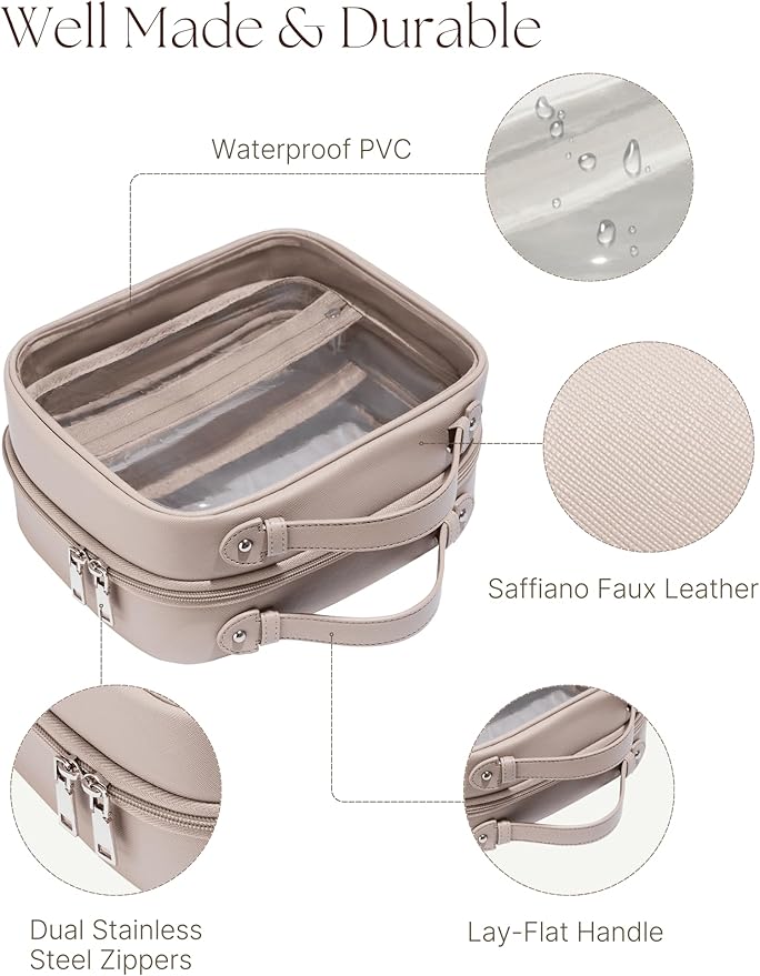 Clear Cosmetic Bag Double Layer Travel Toiletry Bag Clear Makeup Bag Case with 4 Compartments, Transparent Travel Bag for Toiletries, Large Toiletry Bag for Women Cosmetic Case (Taupe, Large)