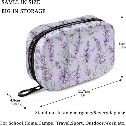 Fustylead Watercolor Vintage Lavender Flowers Travel Pill Organizer Case Zipper for Purse with Removable Weekly Pill Box for Medicine, Vitamin, Supplement Medicine Organizer