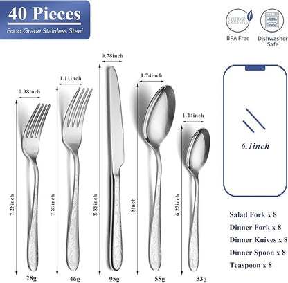 40 Piece Silverware Set Service for 8, EIUBUIE Premium Stainless Steel Cutlery Set, Mirror Polished Flatware Sets with Pattern Handle, Modern Kitchen Eating Utensils Sets Include Spoons Forks Knives
