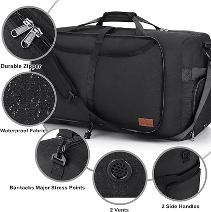 80L Duffle Bag for Travel, Large Foldable Waterproof Travel Duffel Bags Weekender Overnight Bag for Men and Women with Shoe Compartment (Black)