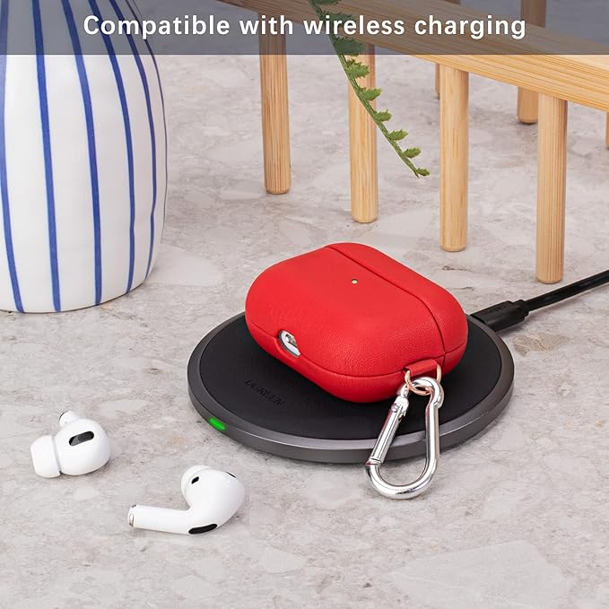 Lopie Leather Case with Keychain for AirPods Pro, Portable Real Leather AirPods Pro Case Cover for Woman - Red