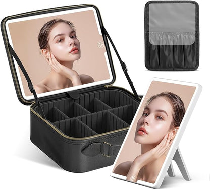 JUSRON Travel Makeup Bag With LED Mirror, Cosmetic Train Case with Light up Mirror, Portable Makeup Artist Organizer Bag with Adjustable Dividers, Makeup Brush Holder Storage (Black, Medium)