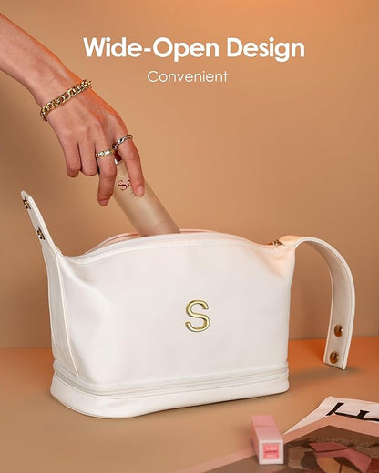 Makeup Bag with Handle, Waterproof Double Layer Cosmetic Bag, Large Capacity PU Leather Makeup Bags Letter Travel Toiletry Bag with Makeup Brush Organizer