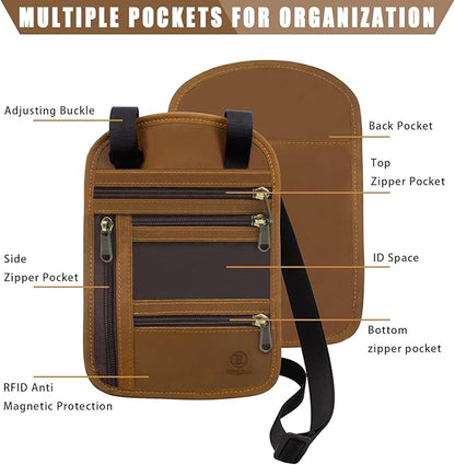 RiRingsun Genuine Leather Passport Holder For Travel, RFID Blocking Slim Neck Wallet with Adjustable Strap for Women Men, Travel Essentials to Keep Cash, Credit Cards and Documents Safe, Light Brown