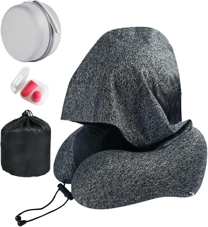 Travel Pillow with Extra Large Hood Rollable Airplant Hooded Neck Pillow with Memory Foam Filling and Removable, Skin-Friendly Cover with a Carrying Pouch