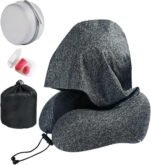 Travel Pillow with Extra Large Hood Rollable Airplant Hooded Neck Pillow with Memory Foam Filling and Removable, Skin-Friendly Cover with a Carrying Pouch