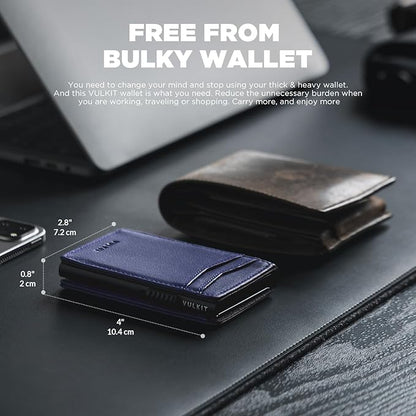 VULKIT Men's Wallet with ID Window Top Grain Leather RFID Blocking Minimalist Wallet Pop Up Card Holder Magnetic Closure