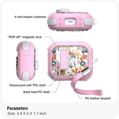 WENEW Case for AirPods 3 Case Cover Secure Lock Automatic Snap Switch Clip Cleaner Kit Lanyard Women Stylish Flower Armour Hard Shell Full Body Front LED Visible (Pink Flower, AirPods 3rd)