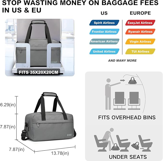 Kono Travel Duffel - 14L Under Seat Carry-On Sports Tote Gym Weekender Overnight Bag - 13.78"x7.87"x7.87" Gray