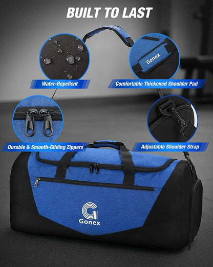 Gonex Gym Duffel Bag with Shoe Compartment Wet Pocket, Large Capacity Sports Duffle Bag for Men Women, Workout & Travel Bag with Multiple Pockets, Black/Blue, Large (100L)