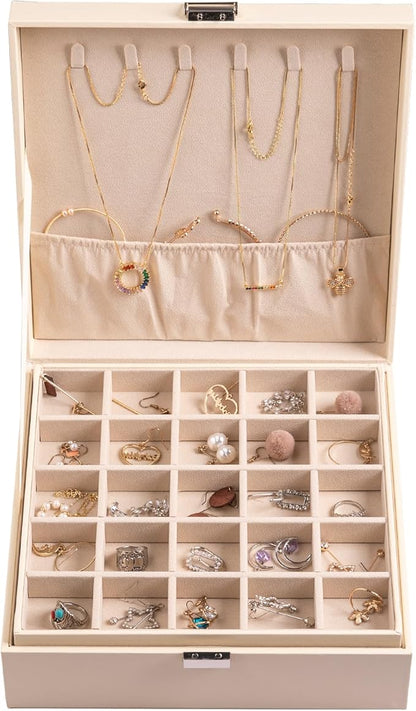 Frebeauty Earring Organizer Classic Jewelry Box 50 Slots Double Layer Jewelry Storage Case with 6 Necklace Hook and Bracelet Pocket(Beige)