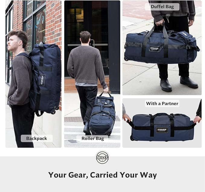 STOVER 80L Rolling Duffel Bag with Wheels, Large Durable Travel Duffle + Toiletry Bag, Heavy Duty, Packable, Foldable with Shoulder Straps- Use as Luggage or Backpack, Men/Women (Navy Blue)
