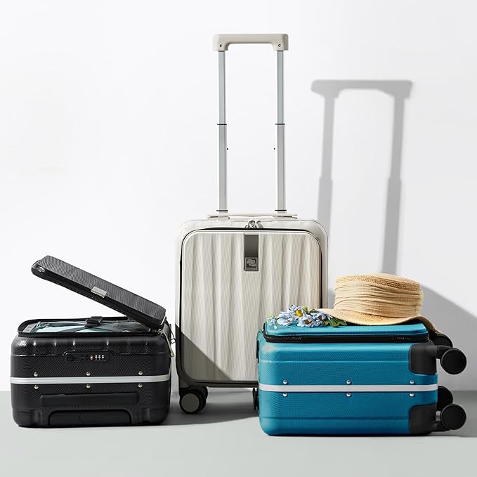 Hanke 16 Inch Small Carry On Luggage Hard Shell Top Opening Aluminum Frame Suitcase with Spinner Wheels, Underseat Front Open Luggage for Men & Women Business Travel and Short Trips, Caribbean Blue