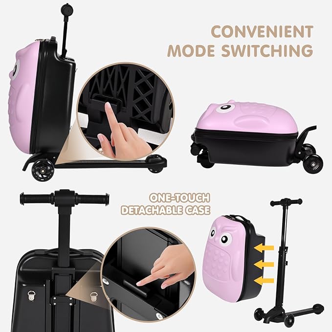 smilesun 4-in-1 Detachable Scooter Suitcase for Kids & Teens, 3D Owl/Dolphin Hardside Ride-On Luggage, Lightweight Foldable Design, Unique Travel Gift for Children(Pink Owl 22-inch)