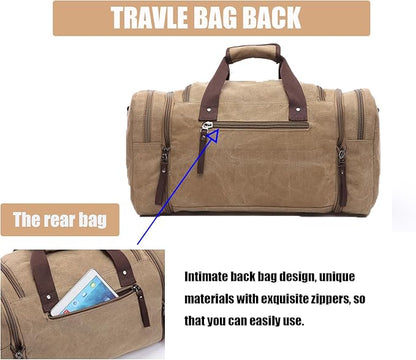 Large men's travel luggage bag, carry overnight bag, weekend handbag, waterproof canvas travel bag(khaki)