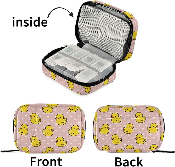 Fustylead Cartoon Duck Travel Pill Organizer Bag with Zipper Small Pill Box 7 Day Pill Case for Purse Storage Weekly Vitamin Medicine Supplement