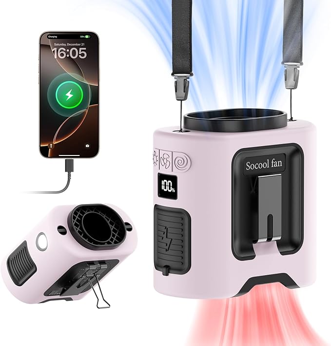 Socool 14500mAh Portable Waist Fan Clip on Belt 360 Rotation Wearable Rechargeable Personal Shirt Fan, 67H Cooling 5-Speed Battery Operated Fans with Light, Neck Fan Hanging for Outdoor Camping Travel