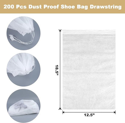 200 Pcs White Non-Woven Shoe Storage Bags – Dustproof Drawstring Travel Shoe Covers (12.5” x 18.5”) – Breathable & Portable Organizers for Shoes, Boots, Purses