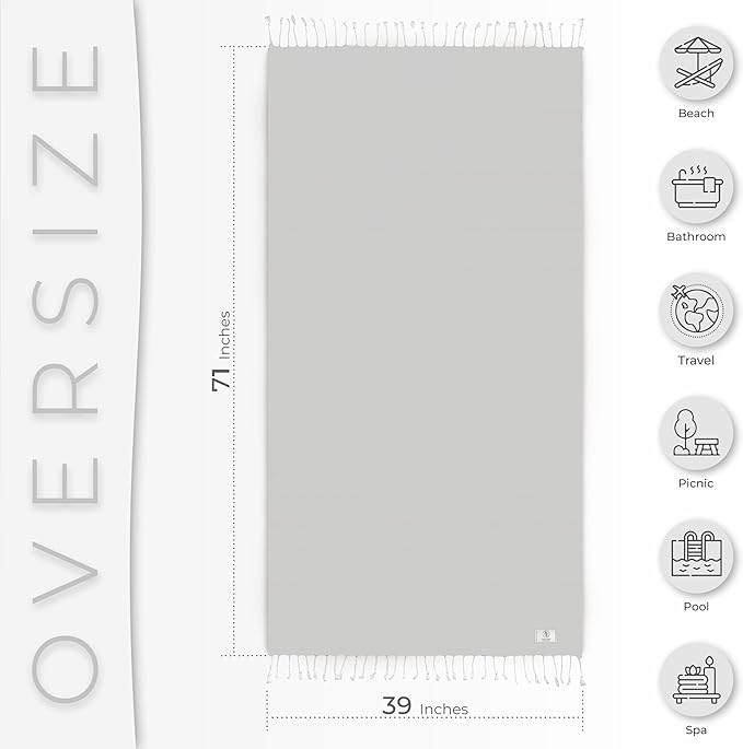 Turkish Beach Towel Absorbent & Quick Dry Oversized (39" x 71") - Decorative, Versatile and Functional as Beach Blanket, Yoga, Gym, Pool, Swim and Bath Towel - Ecru